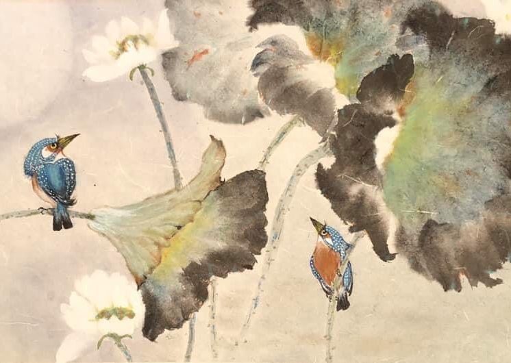 Kingfishers in a lotus pond.