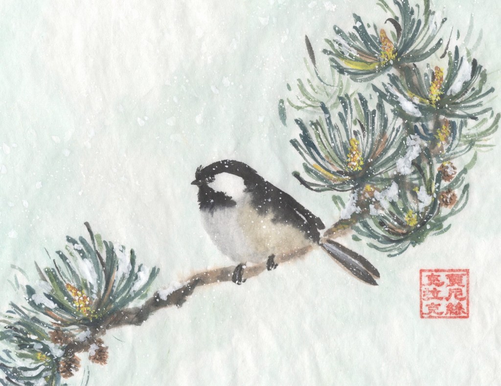 painting of chickadee on a pine bough